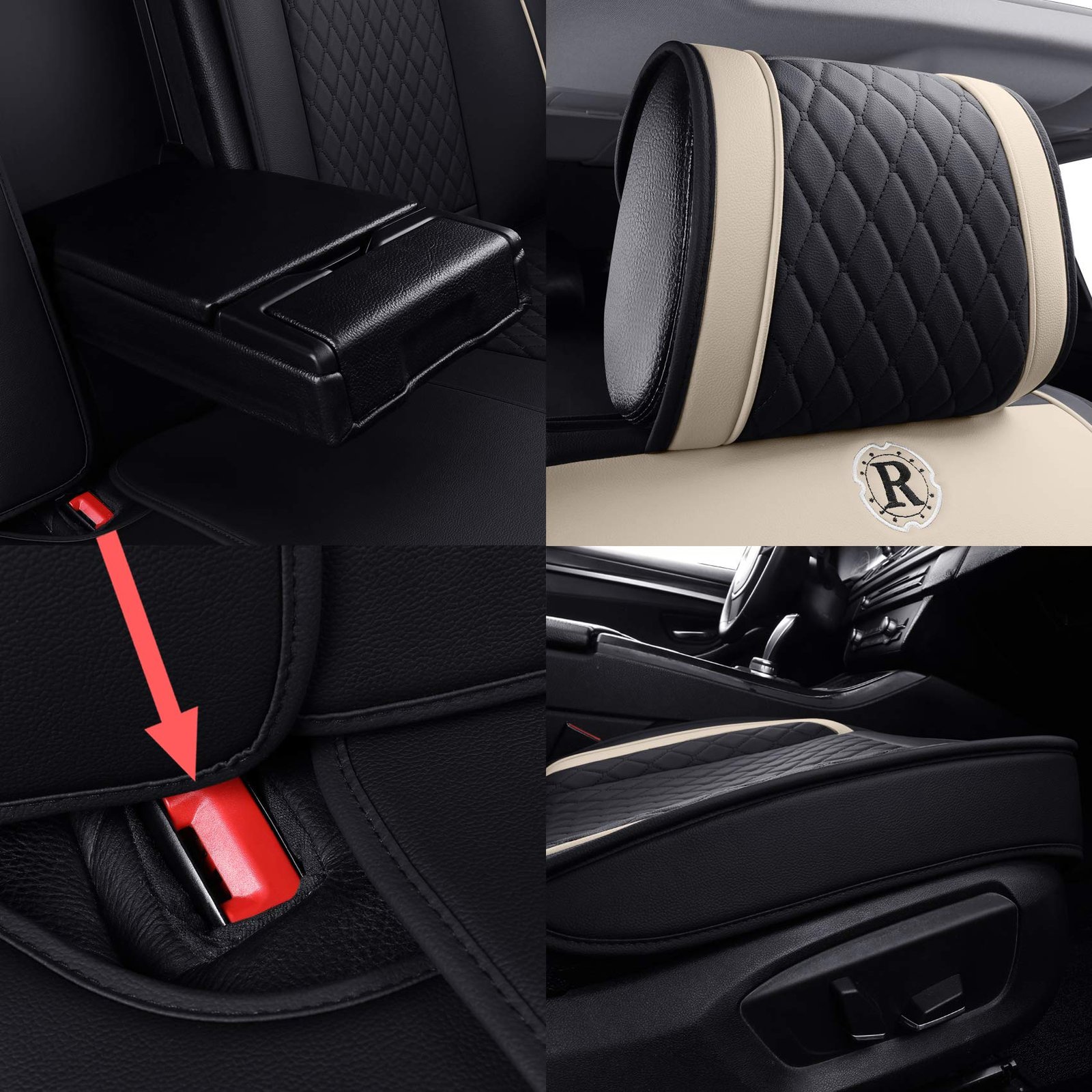 Full Set Seat Covers for Women Leather Protector, Black-Beige - Image 4