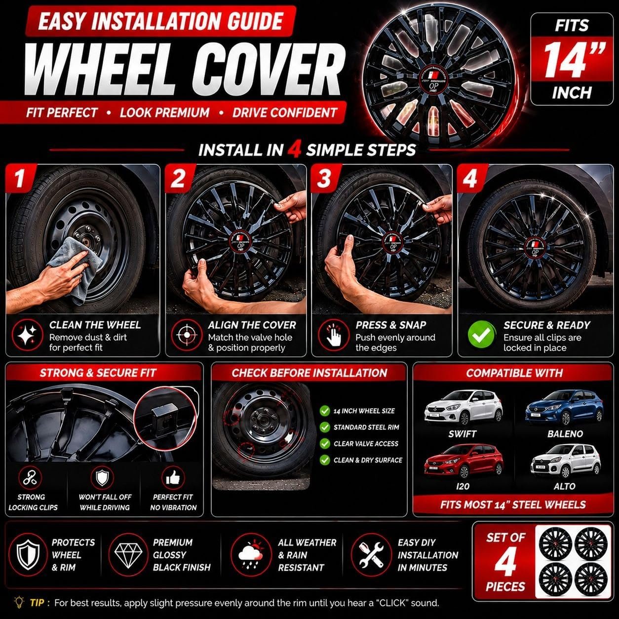 OP Automotive Phantom 14 Inch Wheel Cover Glossy Black - Image 7