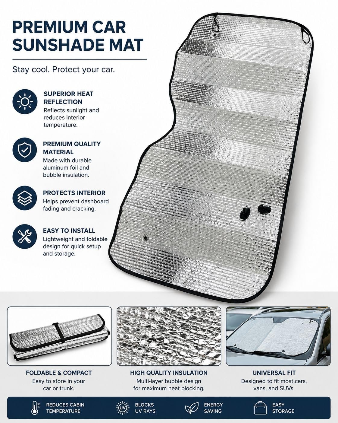 Car Sun Shade for Windshield, Reflective Silver and Blue Foldable Front Window Sunshade - Image 3