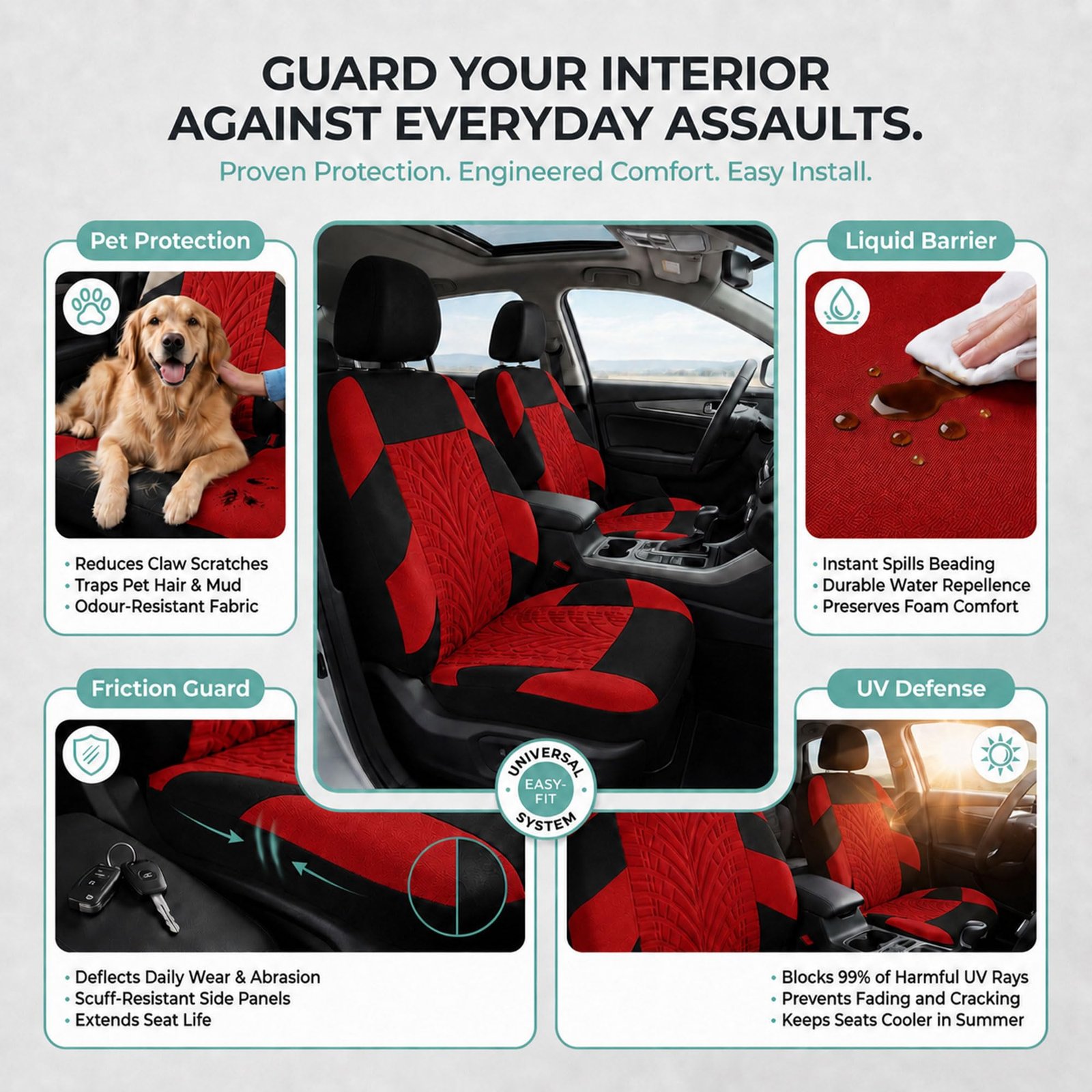 Car Seat Covers Full Set Premium Cloth - Universal Fit,Automotive Seat Cover,Low Back Front Seat Covers,Airbag Compatible,Split Bench Rear Seat,Washable Seat Cover for SUV,Sedan Red - Image 6