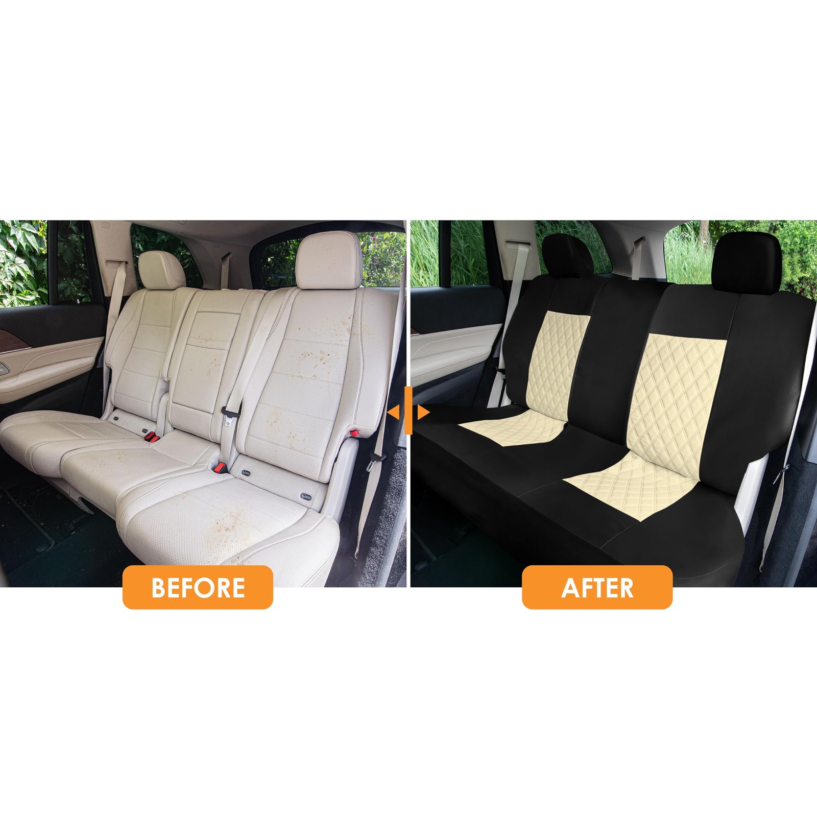 Universal Fit Ultra Modern Quilted Leatherette Seat Covers Full Set - Beige - Image 4