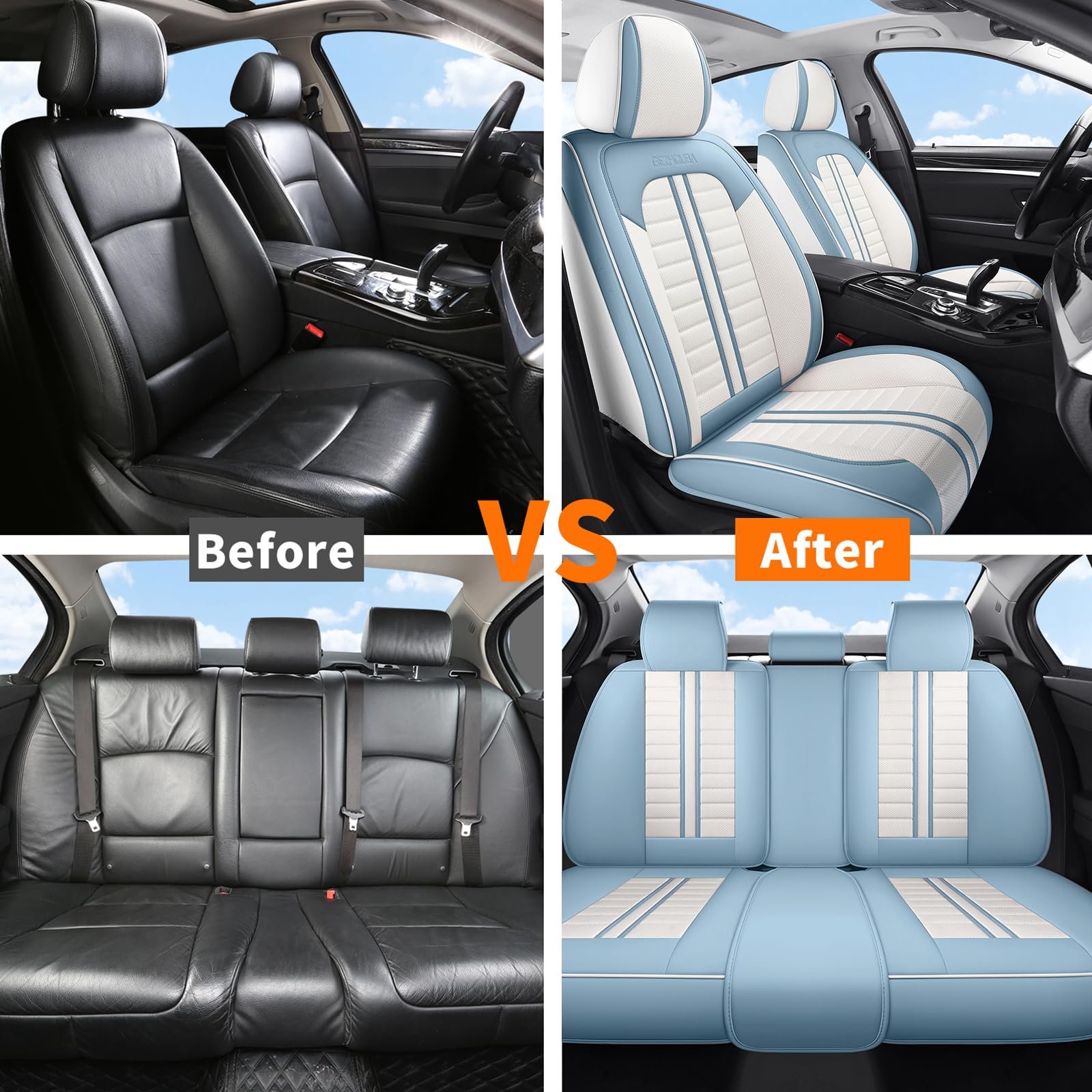 Car Seat Covers Full Set Leather, Luxury Universal Automotive Vehicle Seat Cover for Cars SUV Pick-up Trucks, Heavy Duty Waterproof Seat Protector Blue Car Accessories Interior,Blue and White - Image 9