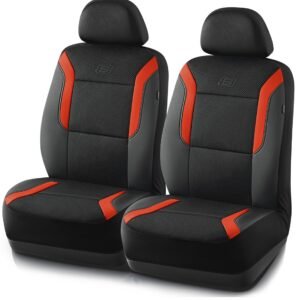 Memory Foam™ Leather Car Seat Covers, Air Cool Mesh Thick Seat Covers, Two Front Seat Covers, Airbag Compatible, Automotive Comfort & Protection for Most Cars, Vans, Trucks, SUV,Orange